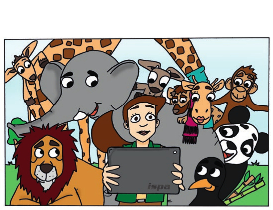 Buchrücken des Kinderbuchs Der Online-Zoo, auf dem Elsa mit Laptop und den Tieren zu sehen ist.