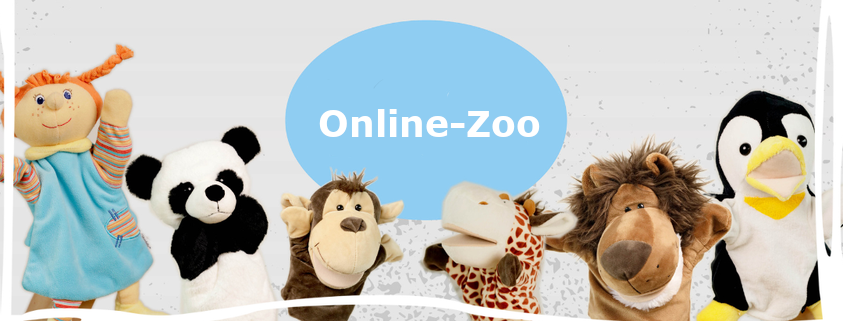 Die Puppen für das Online-Zoo Puppentheater: Elsa, Panda Paul, Affe Moritz, Giraffe Greta, Löwe Luis und Pinguin Fridolin
