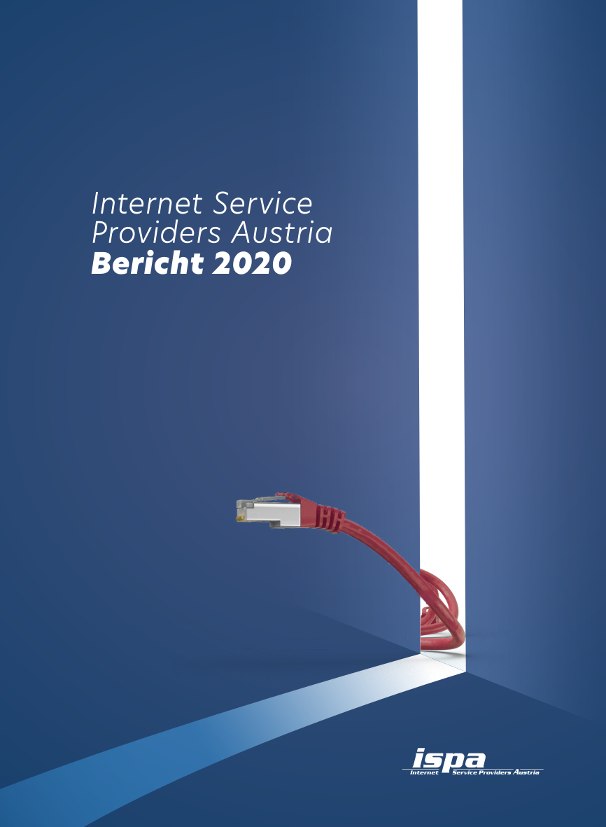 Titelblatt des ISPA Jahresberichts: Der blaue Hintergrund soll eine Tür in die Zukunft darstellen, der einen Spalt breit offen ist. Aus der hellen Öffnung blickt ein rotes LAN-Kabel.