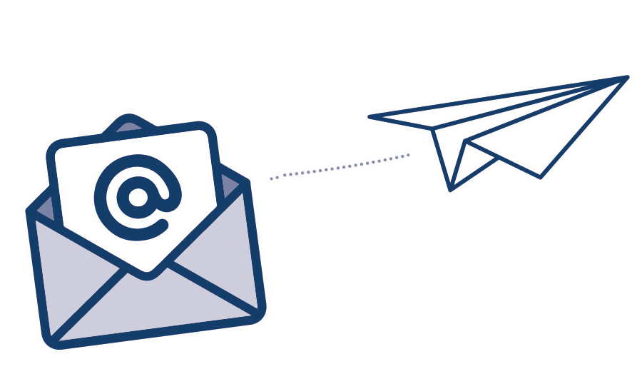 Symbol für Newsletter: Brief mit einem @-Symbol und ein Papierflieger