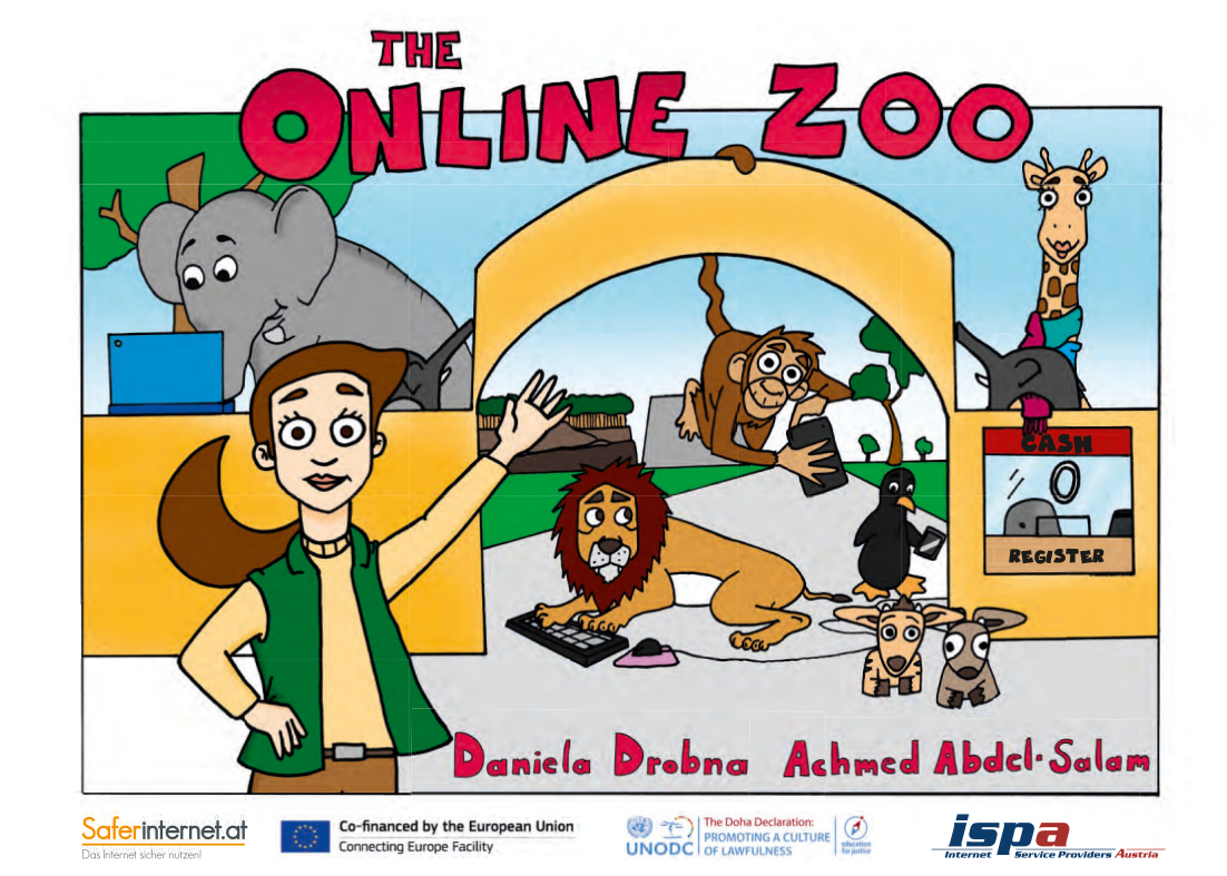 Cover des Kinderbuchs "Der Online-Zoo" (englisch): Zoo-Direktorin Elsa begrüßt die Besucher:innen; Elefant am Laptop, Affe mit Smartphone, Löwe vor der Tastatur, Pinguin am Smartphone, Giraffe mit Stofftier, zwei junge Antilopen