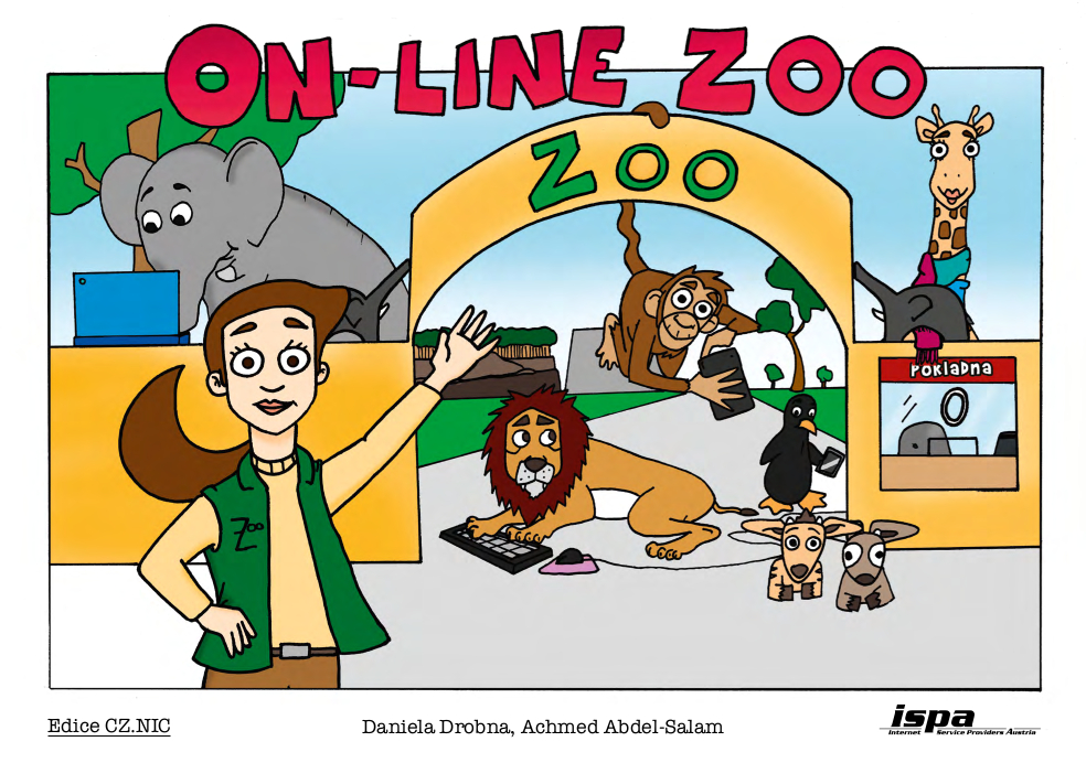 Cover des Kinderbuchs "Der Online-Zoo" (Tschechisch): Zoo-Direktorin Elsa begrüßt die Besucher:innen; Elefant am Laptop, Affe mit Smartphone, Löwe vor der Tastatur, Pinguin am Smartphone, Giraffe mit Stofftier, zwei junge Antilopen