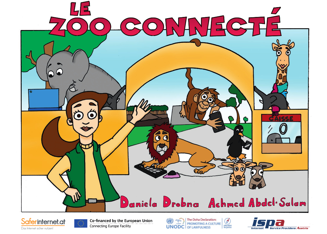 Cover des Kinderbuchs "Der Online-Zoo" (Französisch): Zoo-Direktorin Elsa begrüßt die Besucher:innen; Elefant am Laptop, Affe mit Smartphone, Löwe vor der Tastatur, Pinguin am Smartphone, Giraffe mit Stofftier, zwei junge Antilopen