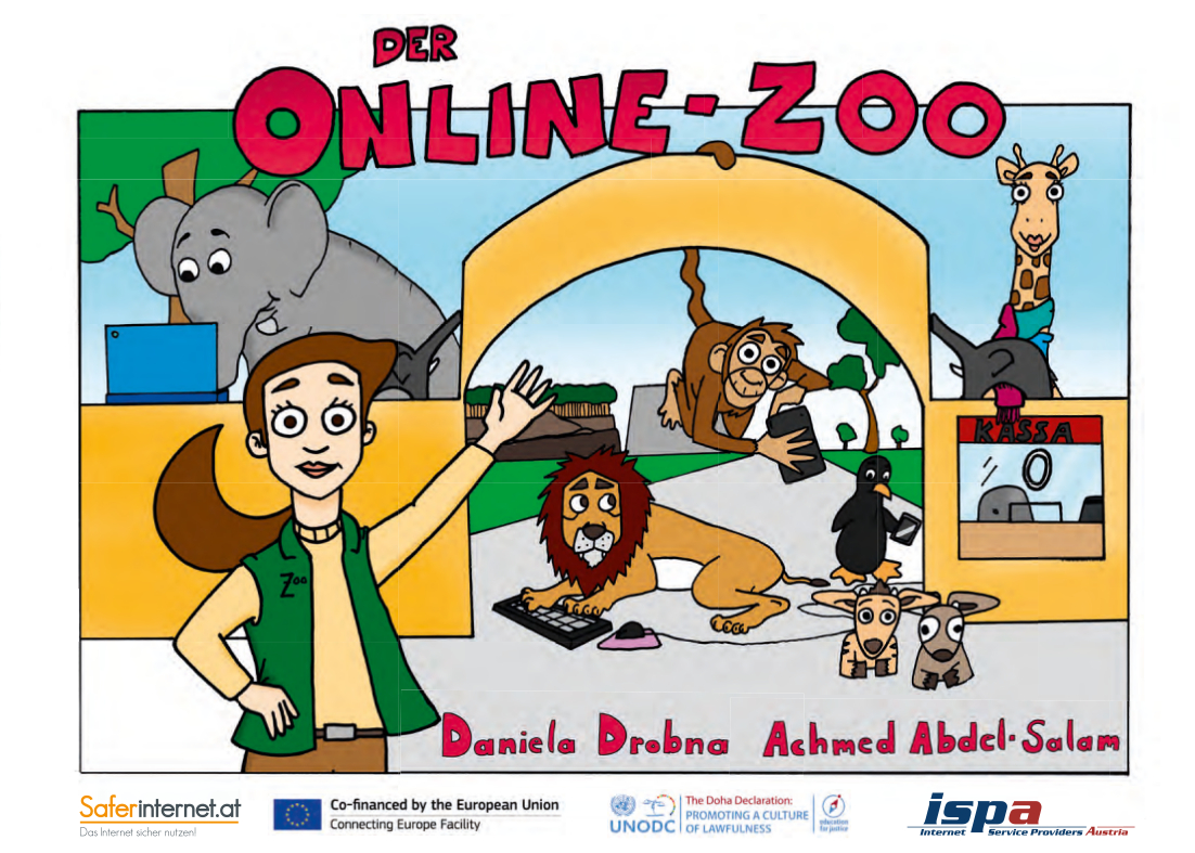 Cover des Kinderbuchs "Der Online-Zoo" (Deutsch): Zoo-Direktorin Elsa begrüßt die Besucher:innen; Elefant am Laptop, Affe mit Smartphone, Löwe vor der Tastatur, Pinguin am Smartphone, Giraffe mit Stofftier, zwei junge Antilopen