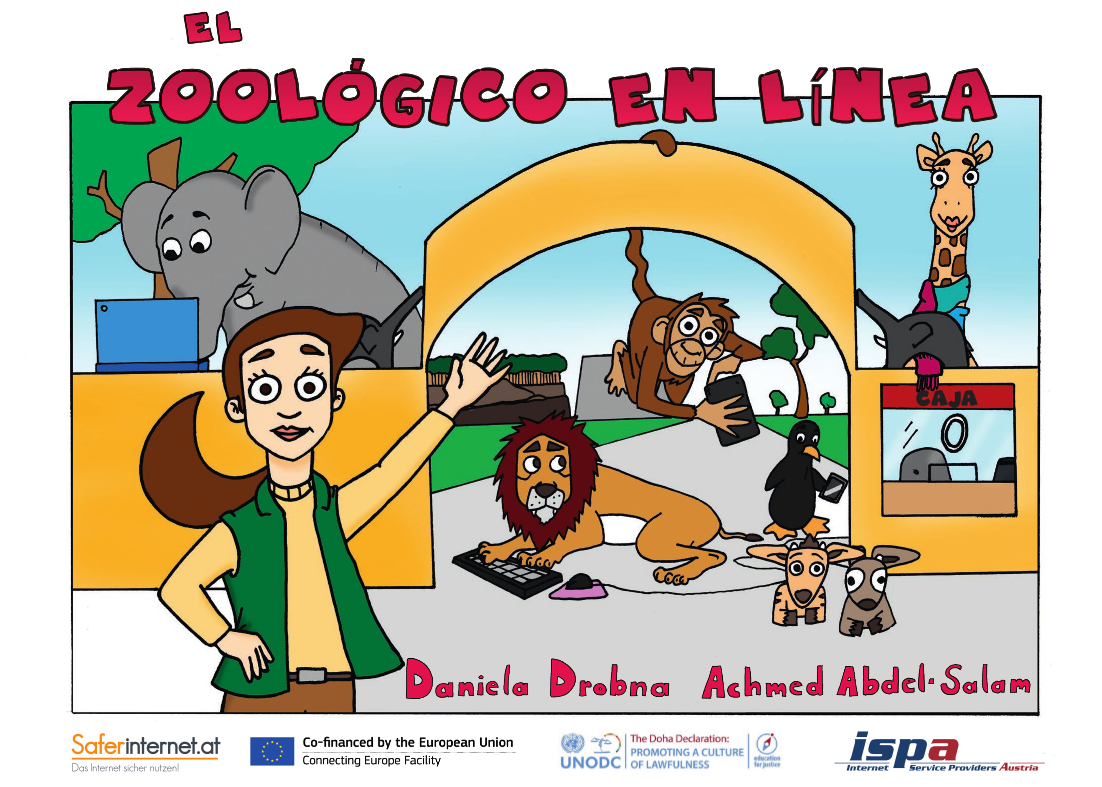 Cover des Kinderbuchs "Der Online-Zoo" (Spanisch): Zoo-Direktorin Elsa begrüßt die Besucher:innen; Elefant am Laptop, Affe mit Smartphone, Löwe vor der Tastatur, Pinguin am Smartphone, Giraffe mit Stofftier, zwei junge Antilopen