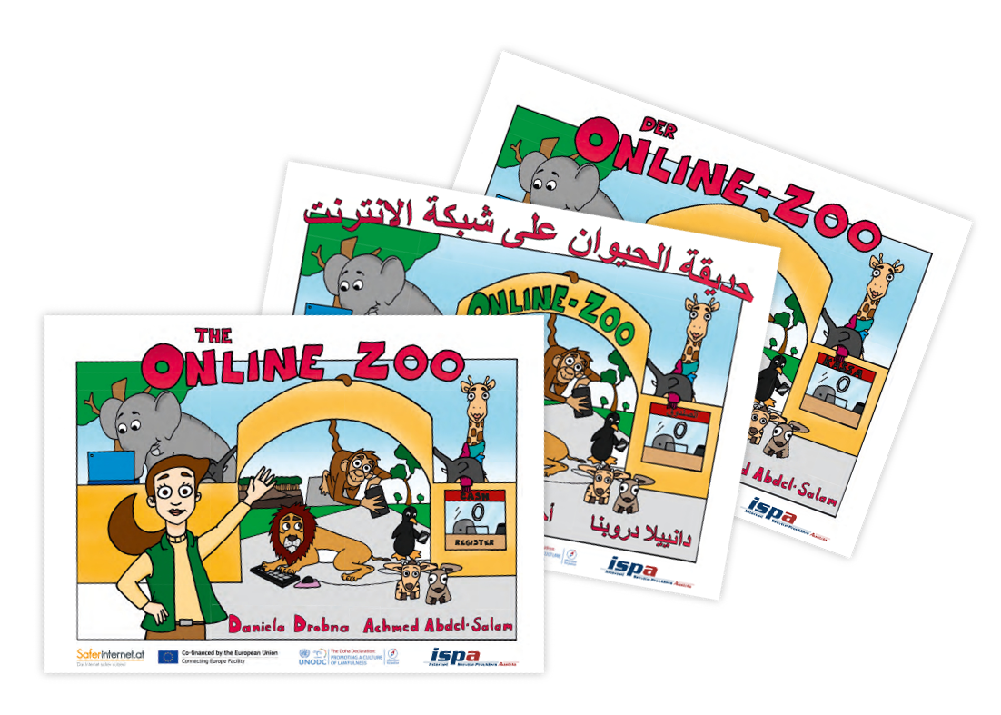 Cover des Kinderbuchs "Der Online-Zoo" (in drei Sprachen): Zoo-Direktorin Elsa begrüßt die Besucher:innen; Elefant am Laptop, Affe mit Smartphone, Löwe vor der Tastatur, Pinguin am Smartphone, Giraffe mit Stofftier, zwei junge Antilopen