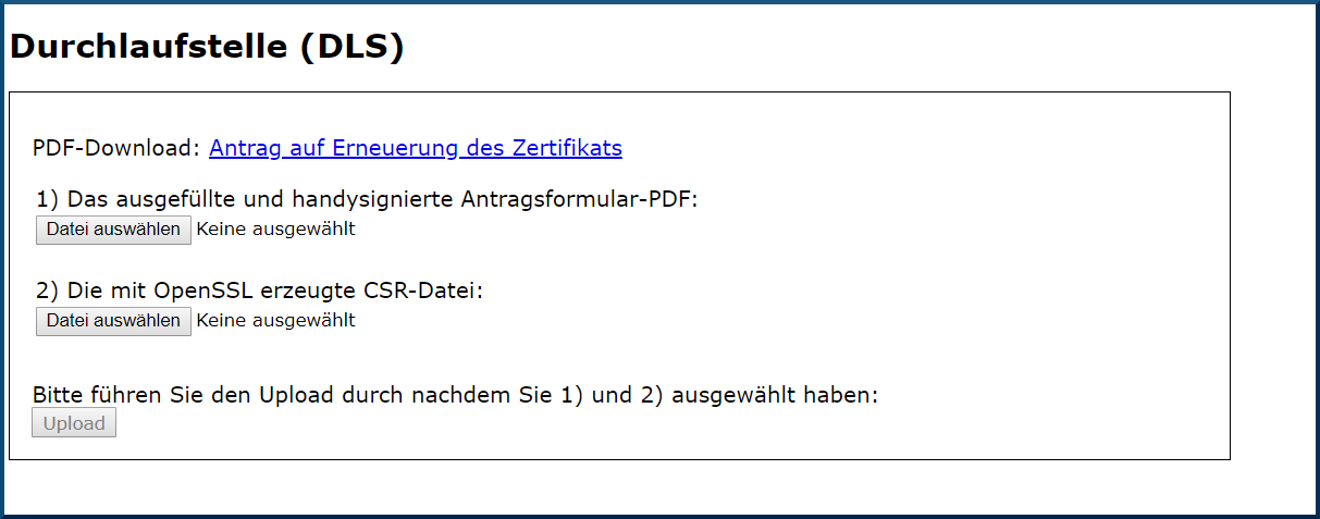 Screenshot der Zertifikat Erneuerungsseite