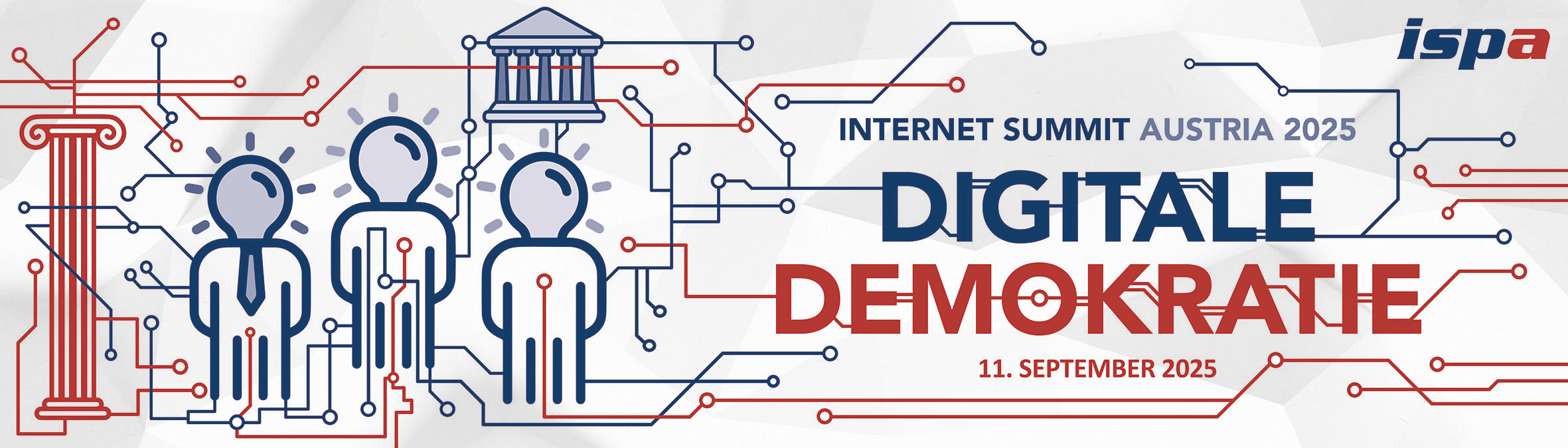 <p>Headerbild ISA 2025</p> Headerbild Internet Summit Austria 2025: Digitale Demokratie am 11. September 2025