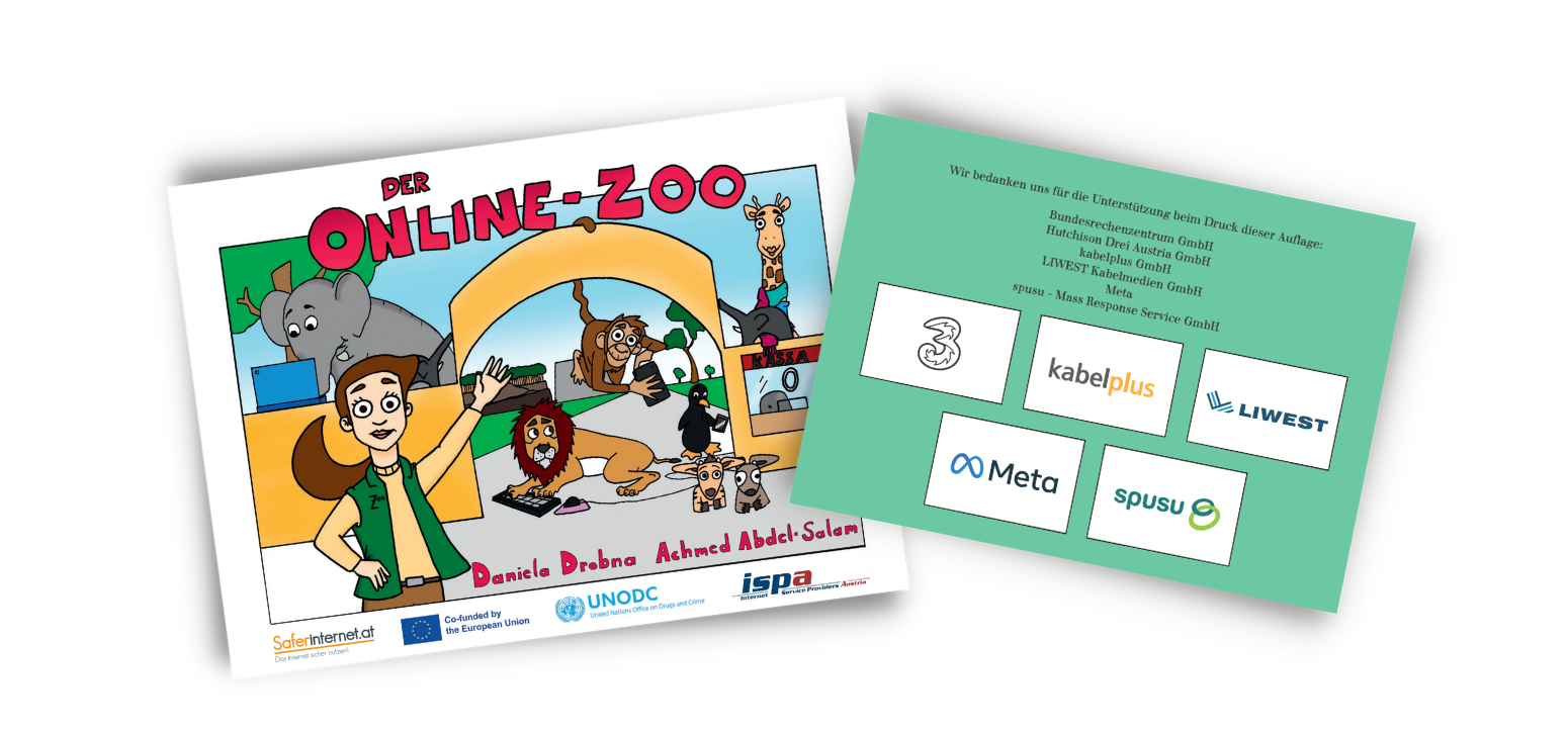 Cover des Kinderbuchs "Der Online-Zoo" und Sponsoring-Seite mit Logos