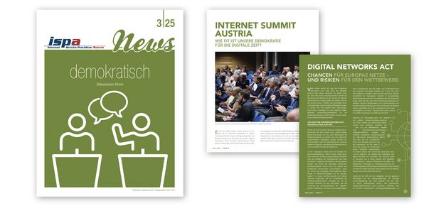 Ein Faksimile des Covers der ISPA News 03/2025 sowie der ersten Seite von zwei Artikeln darin