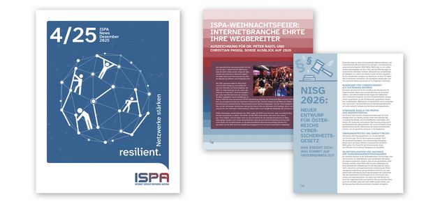 Ein Faksimile des Covers der ISPA News 04/2025 sowie der ersten Seite von zwei Artikeln darin