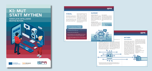Vorschaubild der KI-Mythen Broschüre mit Cover und zwei Beispielseiten auf hellblauem Hintergrund
