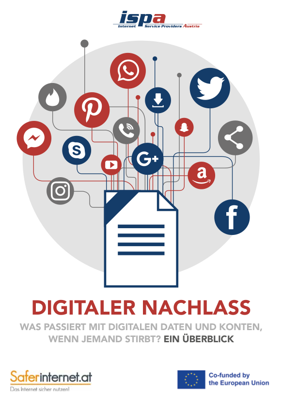<p>Cover Broschüre Digitaler Nachlass</p> Symbolbild für den digitalen Nachlass. aus einem Testament kommen die Symbole für verschiedene Online-Dienste herausgeflogen