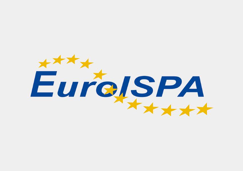 <p>EuroISPA Logo</p> Dunkelblauer Schriftzug EUROISPA mit wellenartigen gelben Sternen