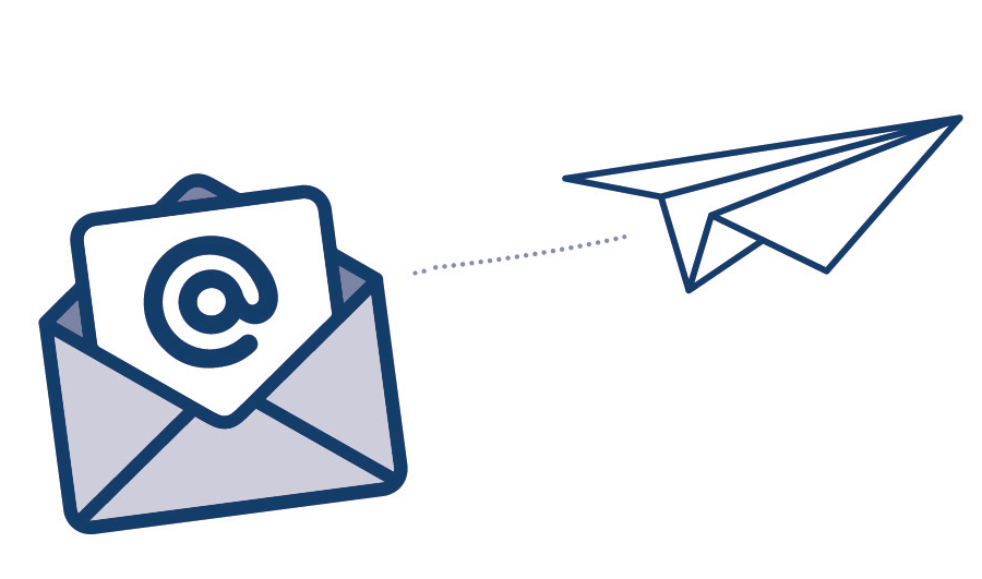 Symbol f&uuml;r Newsletter: Brief mit einem @-Symbol und ein Papierflieger