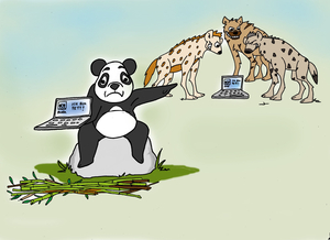 <p>Panda Paul und die Hyänen</p> Zeichnung eines Pandas und Hyänen